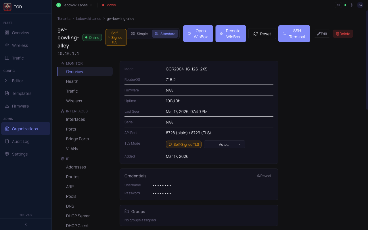 Device detail showing interface traffic charts and WinBox and SSH session buttons