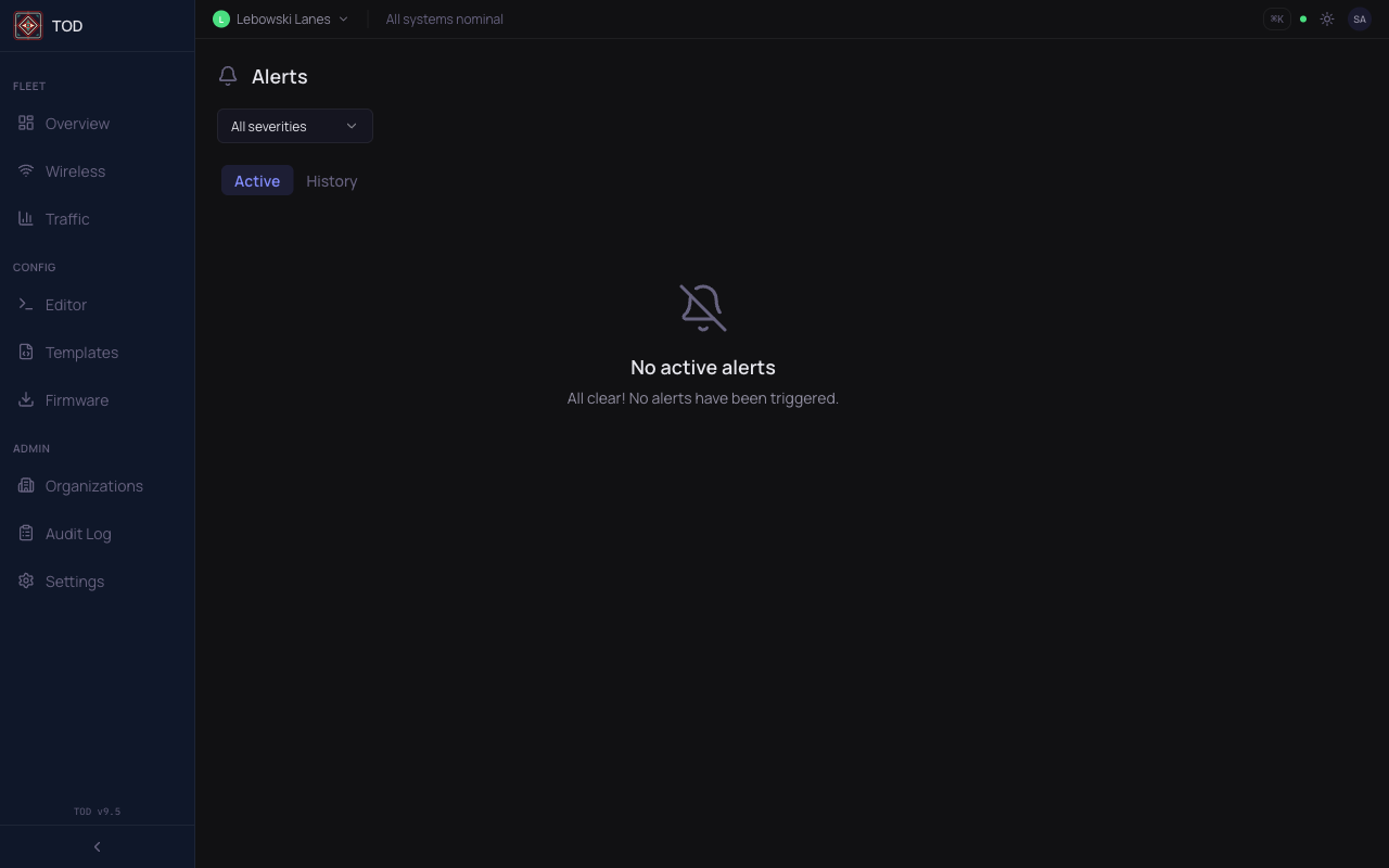 Active alerts showing CPU warnings and device offline criticals with acknowledge and silence controls