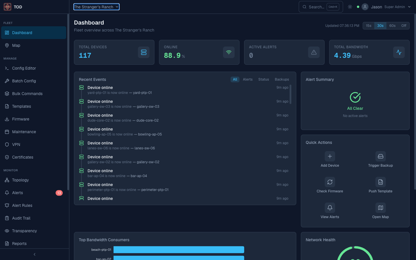 Multi-tenant dashboard showing The Stranger's Ranch with tenant switcher