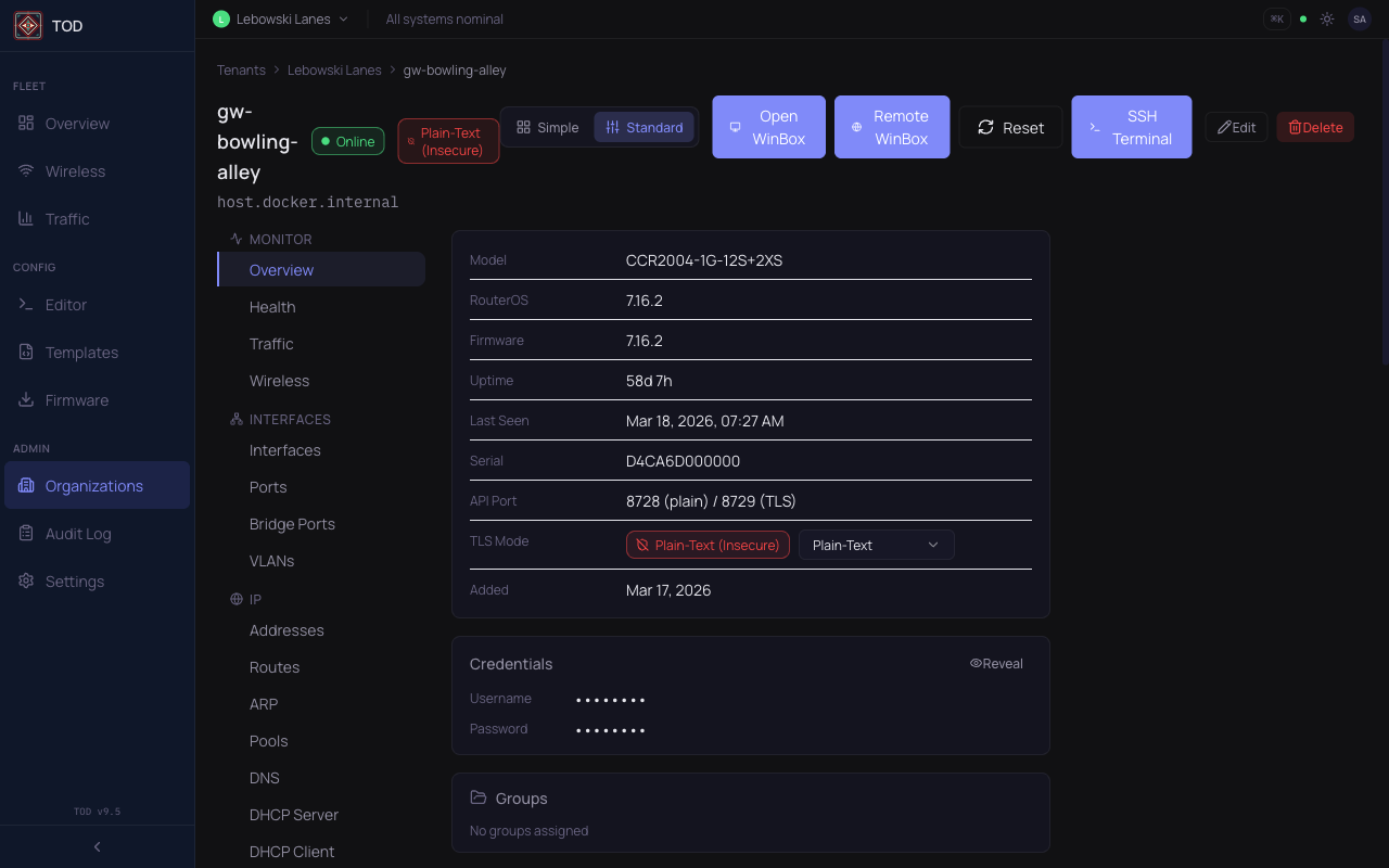 Device detail showing interface traffic charts and WinBox and SSH session buttons