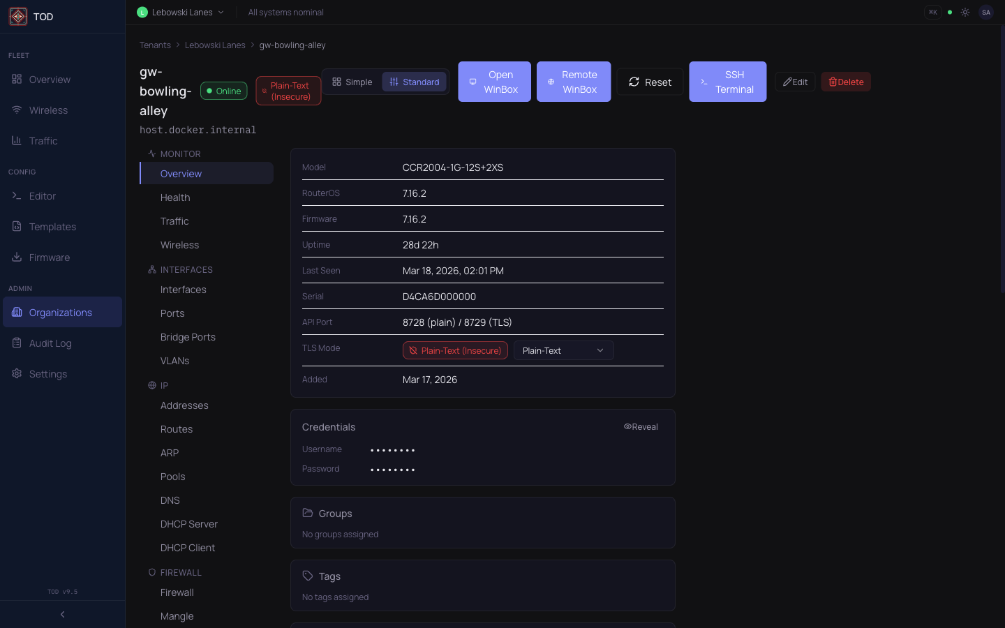 Device detail view for gw-bowling-alley showing interface traffic and session buttons