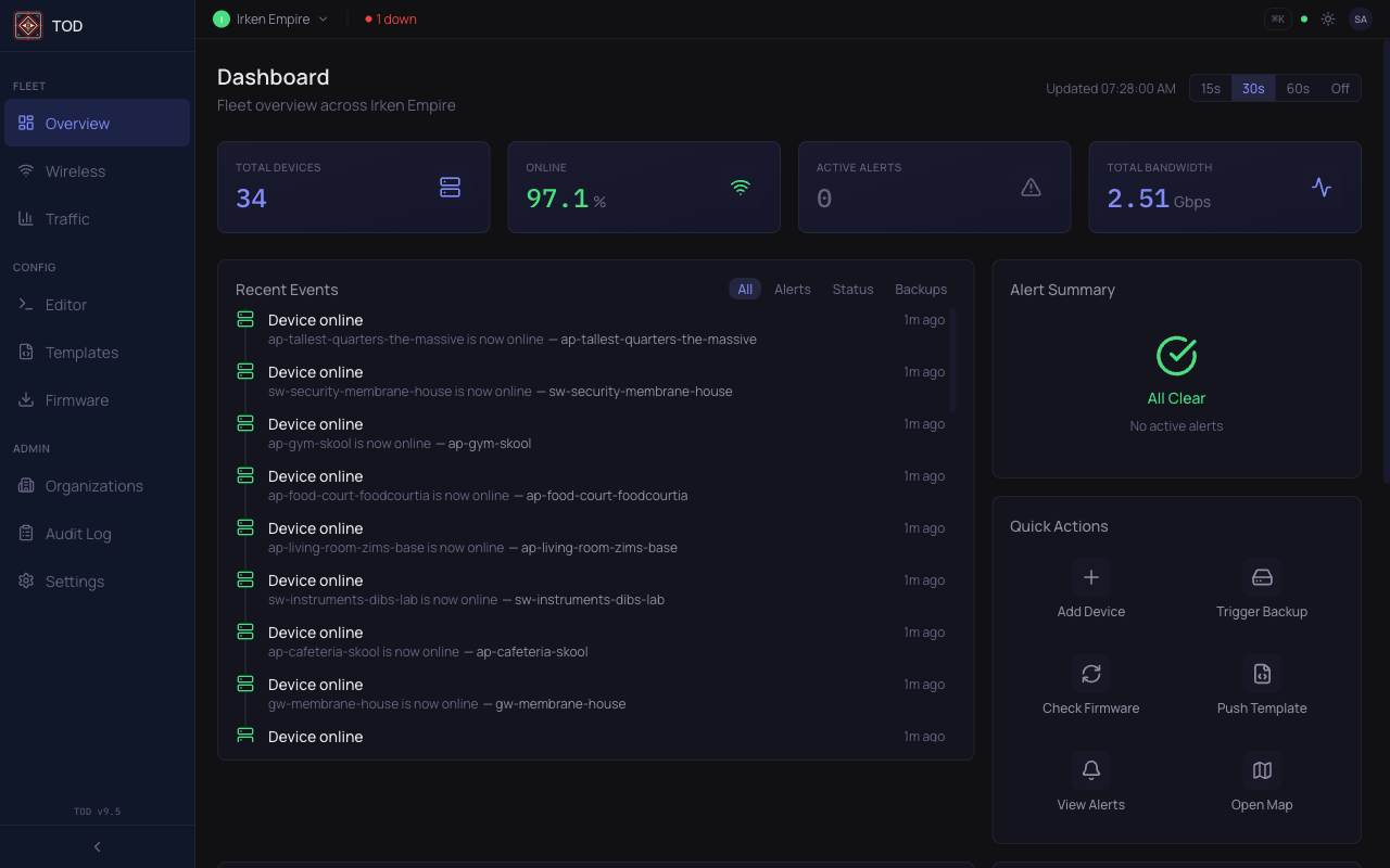 Multi-tenant dashboard showing Irken Empire with tenant switcher and device events