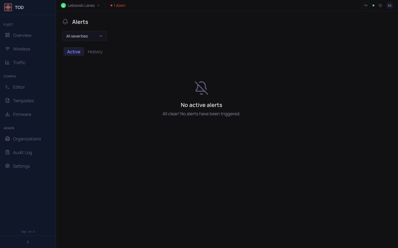 Active alerts showing CPU warnings and device offline criticals with acknowledge and silence controls