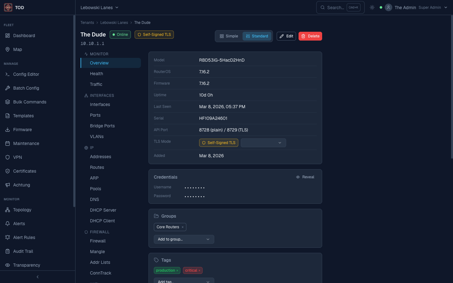Device detail view for The Dude core router