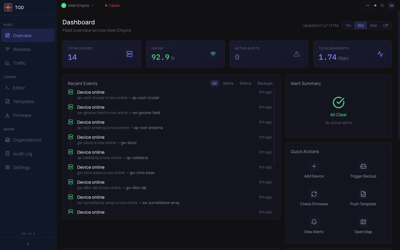 Multi-tenant dashboard showing Irken Empire with tenant switcher and device events